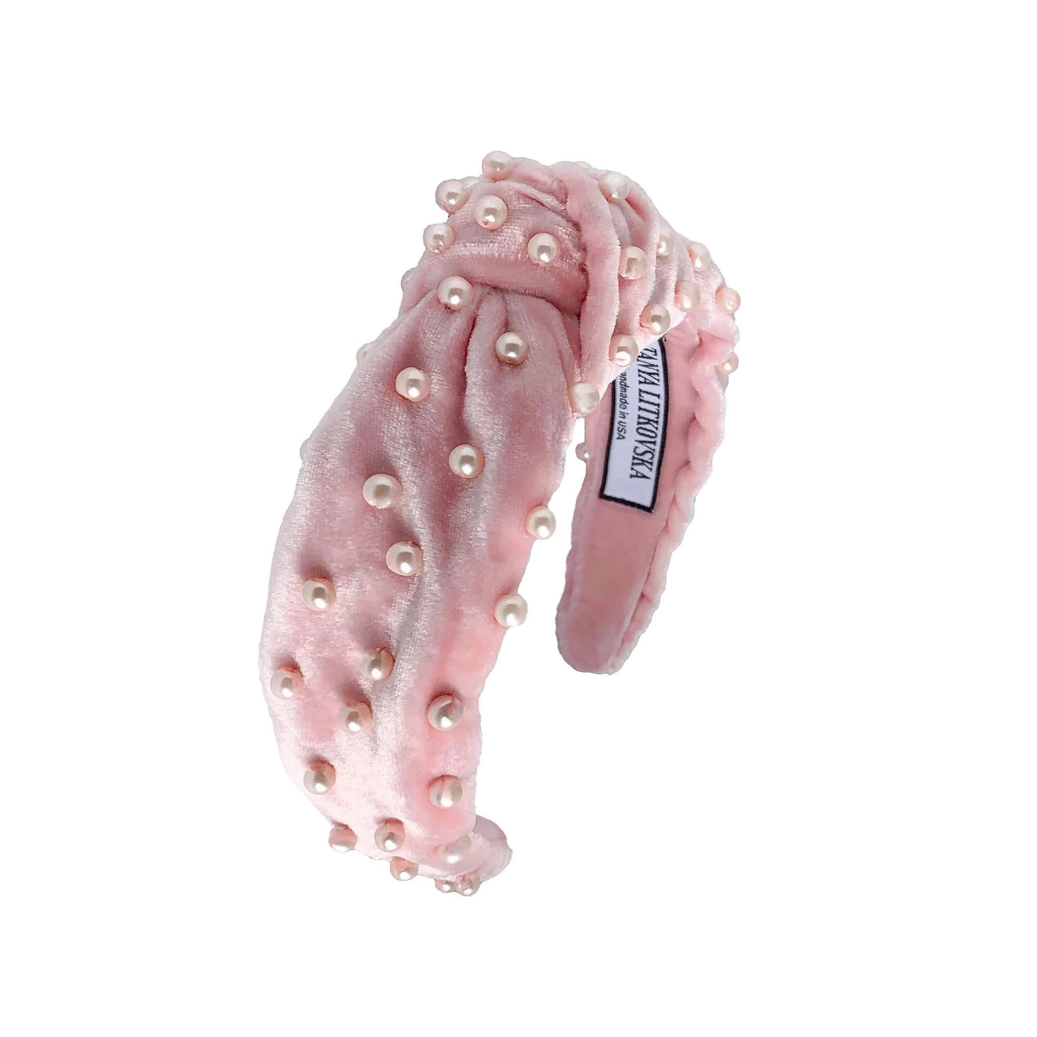Tanya litkovska Women's Pearled Baby Pink Velvet Knotted Headband Pearled Baby Pink Velvet Knotted Headband Accessories emerging designer Luxury Shoes