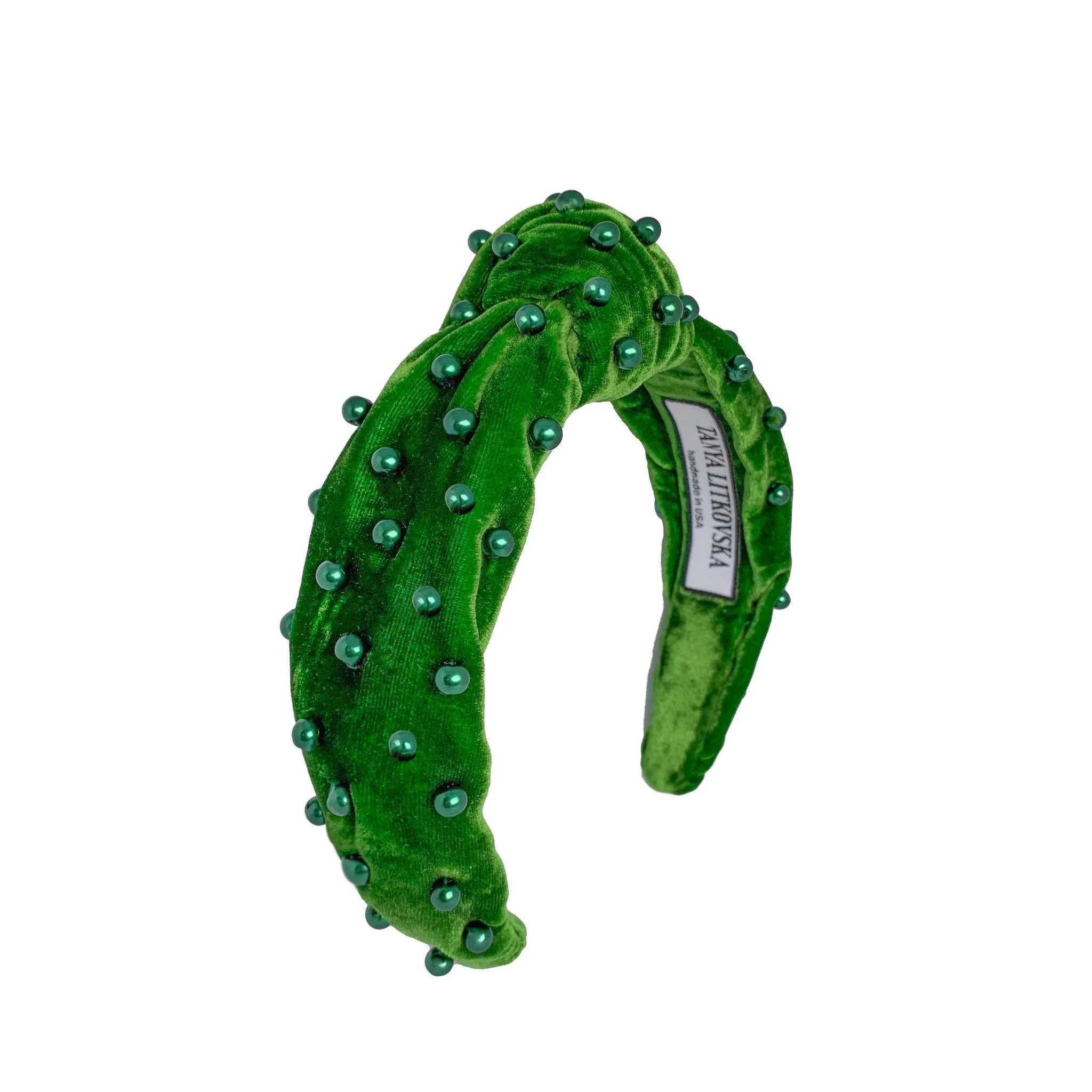 Tanya litkovska Women's Pearled Grass Green Velvet Knotted Headband Tanya litkovska Women’s Pearled Grass Green Velvet Knotted Headband Accessories black velvet headband Luxury Shoes