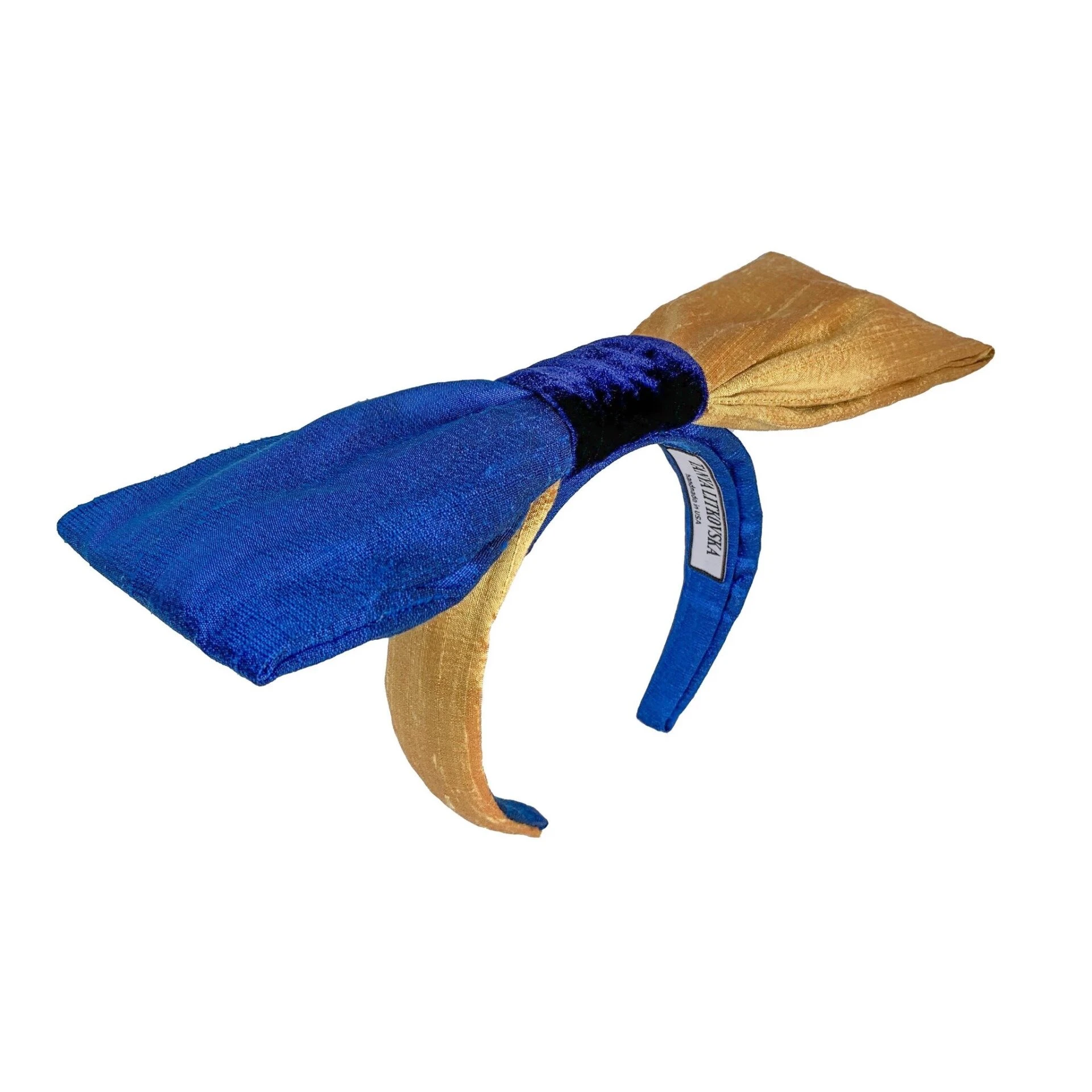 Tanya litkovska Women's Silk Bow Headband in Blue & Gold Tanya litkovska Women’s Silk Bow Headband in Blue & Gold Accessories black velvet headband Luxury Shoes