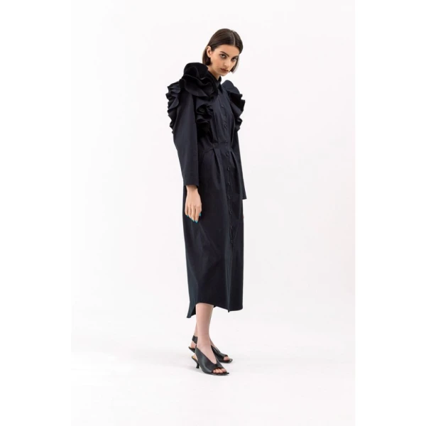 Ruffled shoulders black dress Clothing curated marketplace Luxury Shoes 
