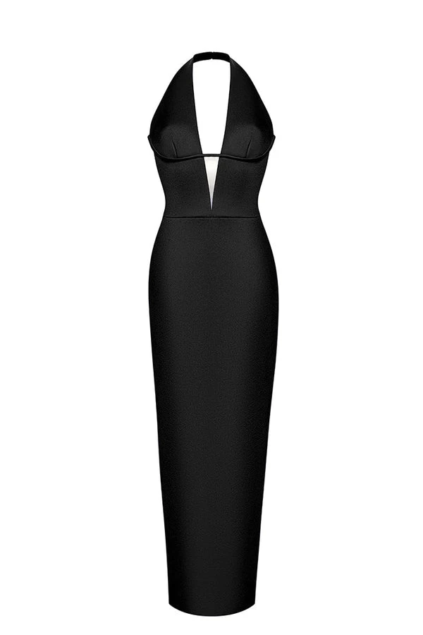 Rasario-Satin-Draped-Long-Midi-Dress-With-A-Cutout Rasario Satin Draped Long Midi Dress With A Cutout