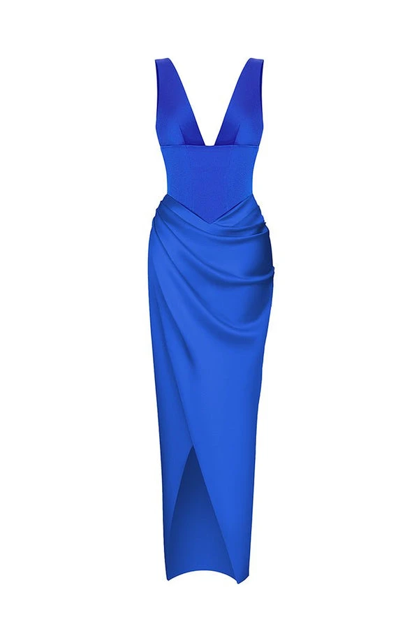 Rasario-Satin-Draped-Long-Midi-Dress-With-A-Cutout Rasario Satin Draped Long Midi Dress With A Cutout