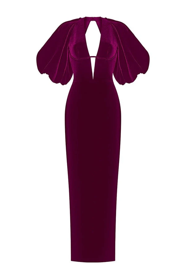 Rasario-Velvet-Long-Midi-Dress-With-A-Cutout-And-Voluminous-Sleeves Rasario Velvet Long Midi Dress With A Cutout And Voluminous Sleeves