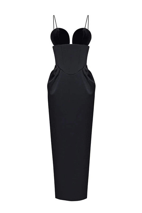 Rasario-Velvet-Long-Midi-Dress-With-Voluminous-Sleeves-And-A-Cutout Rasario Velvet Long Midi Dress With Voluminous Sleeves And A Cutout