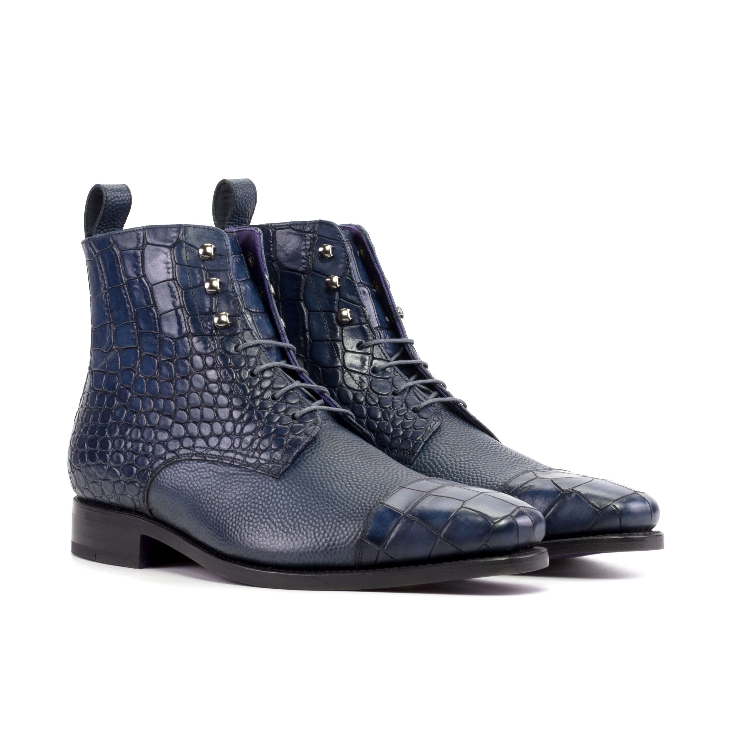 Luxury Handbags By You Jumper Boot – Blue and Navy Pebble Grain and Painted Croco – Jumper Boots at Luxury Shoes Luxury Handbags By You Jumper Boot – Blue and Navy Pebble Grain and Painted Croco