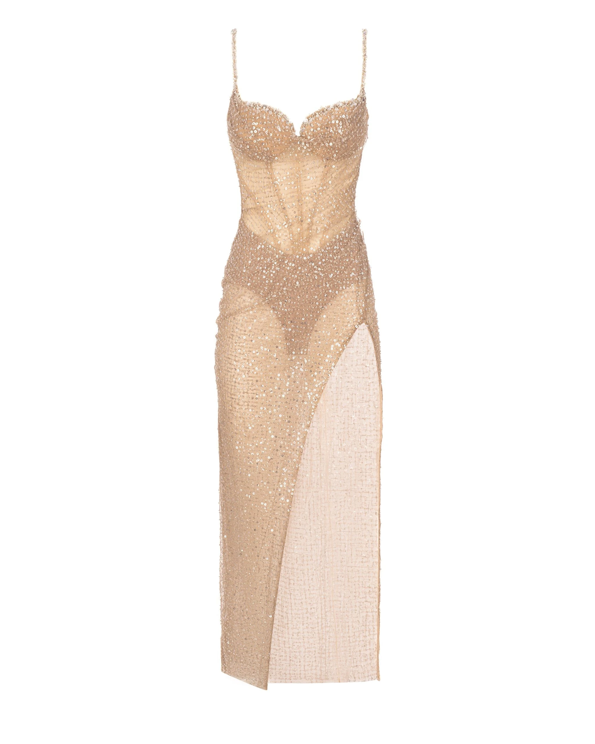 Milla Sensational champagne gold crystal-embellished maxi dress on spaghetti straps Milla dress