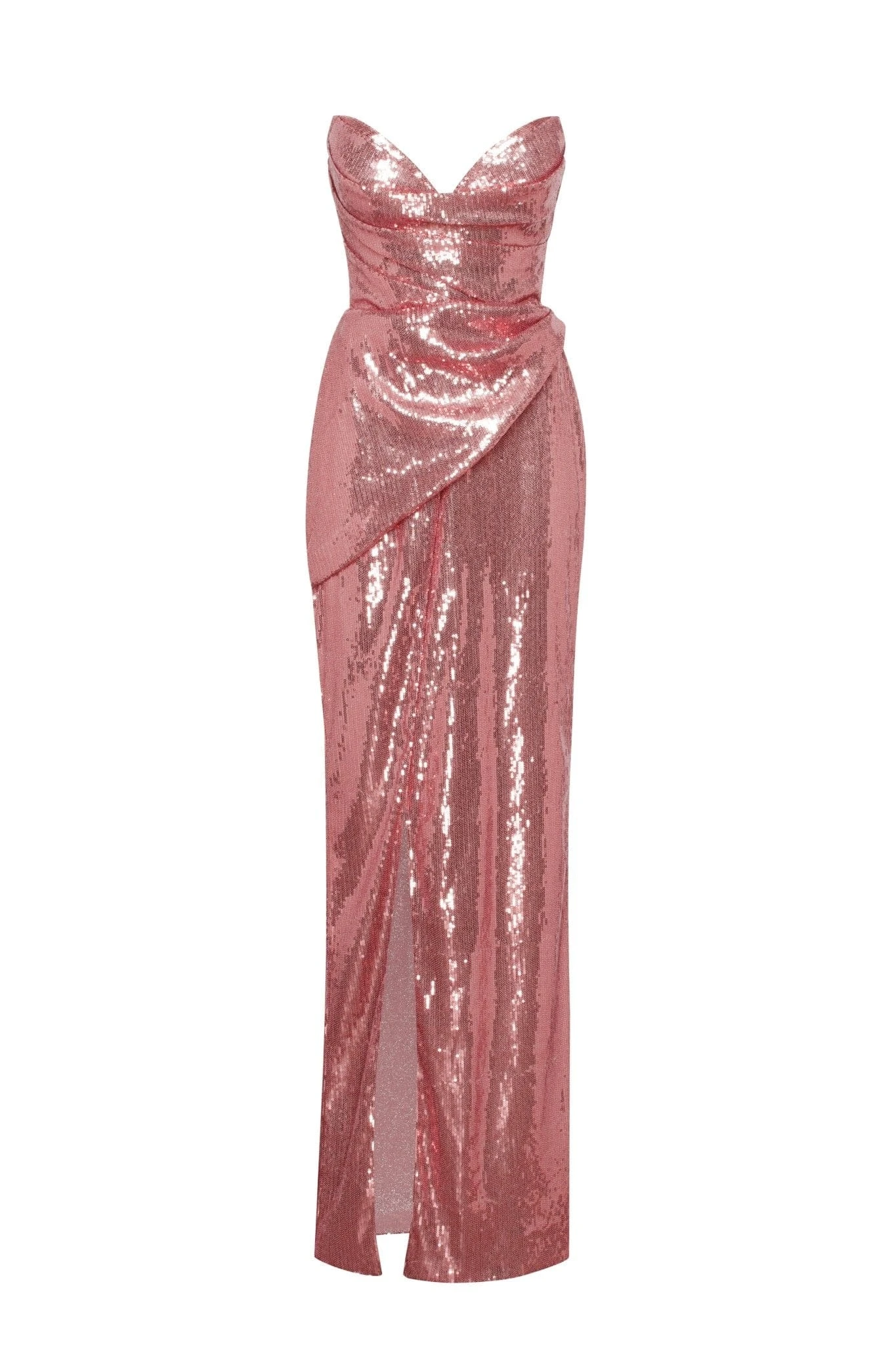 Milla Sequined strapless evening gown in rose color with a thigh slit Milla dress
