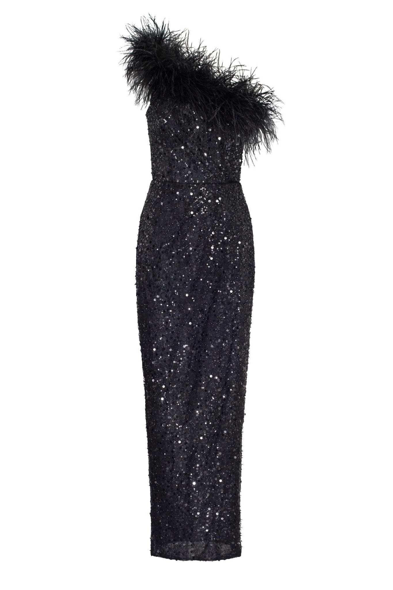 Milla Striking one-shoulder maxi dress with feathers and sequins Milla dress