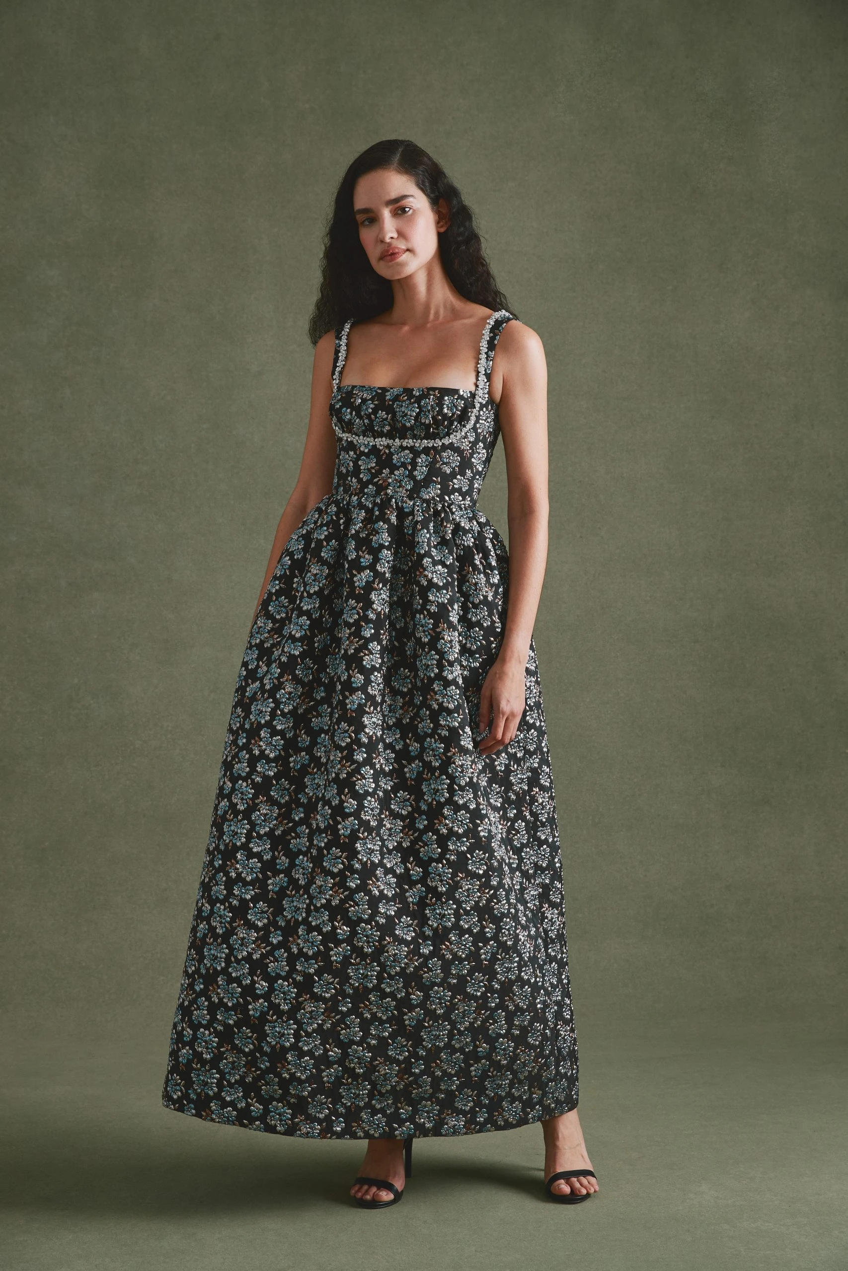 Alexandra-Pijut-Coupe-Dress-In-Metallic-Blue-Brocade Alexandra Pijut Coupe Dress In Metallic Blue Brocade
