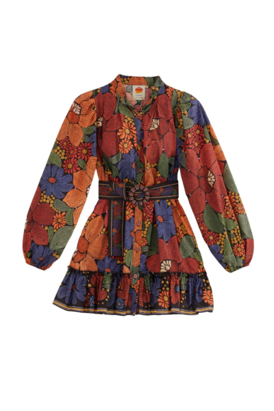 Farm Rio Black Stitched Flowers Long Sleeve Mini Dress44662 nobg