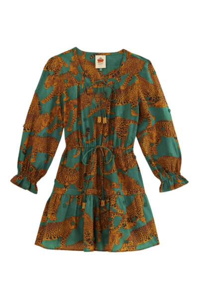 Farm Rio Green Artsy Leopards Long Sleeve Mini Dress74409 nobg