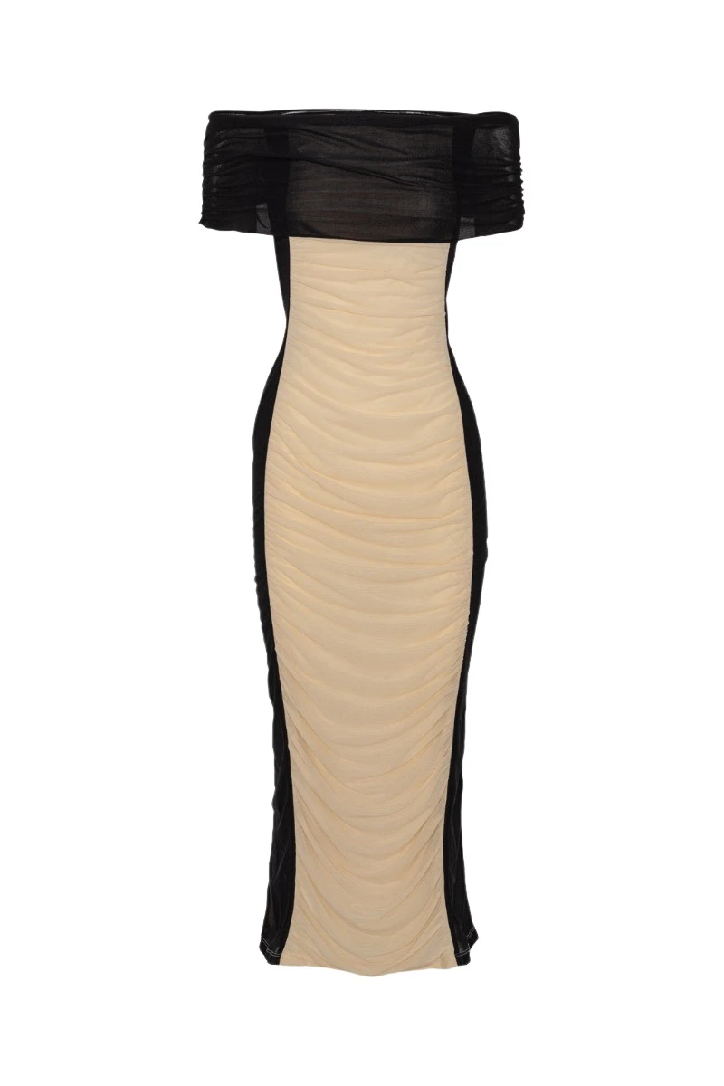 Rotate Birger Christensen Ruched Off Shoulder Dress Black Creme58926 nobg Rotate Birger Christensen Ruched Off Shoulder Dress Black Creme58926 nobg