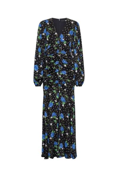 Rotate Birger Christensen Satin Maxi V Neck Dress Black Print36295 nobg
