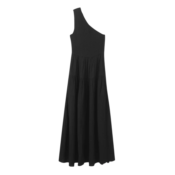Cheesecloth Shirred One Shoulder Maxi Dress