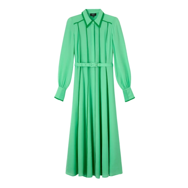 Silk Contrast Binding Maxi Shirt Dress + Belt