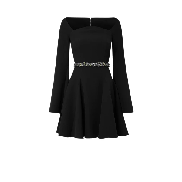 Aubrene Black Short Dress With Embroidered Belt