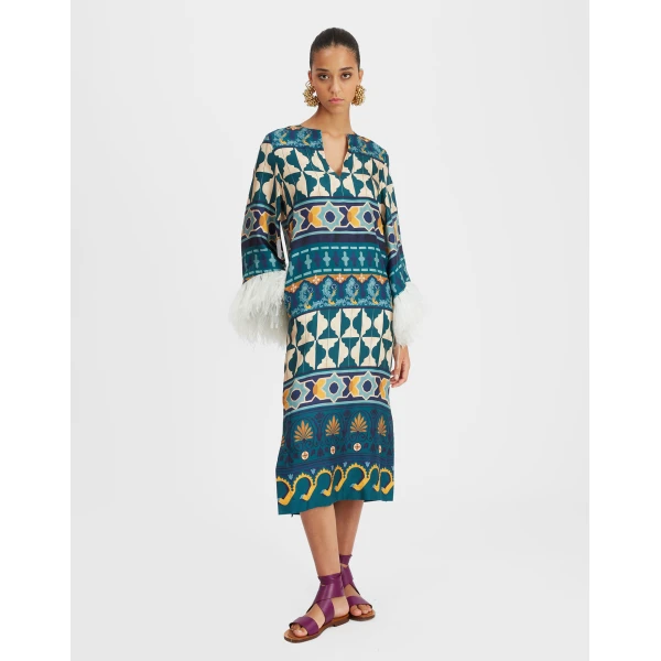 The Kaftan Casareale Placèe Emerald in Silk Twill With Feathers