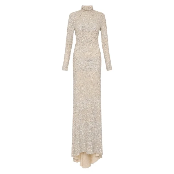 Ivory Crushed Sequin Sleeved Gown
