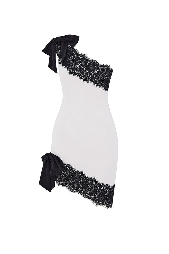 Rasario-Asymmetric-Crepe-And-Lace-Mini-Dress-With-Bows Rasario Asymmetric Crepe And Lace Mini Dress With Bows