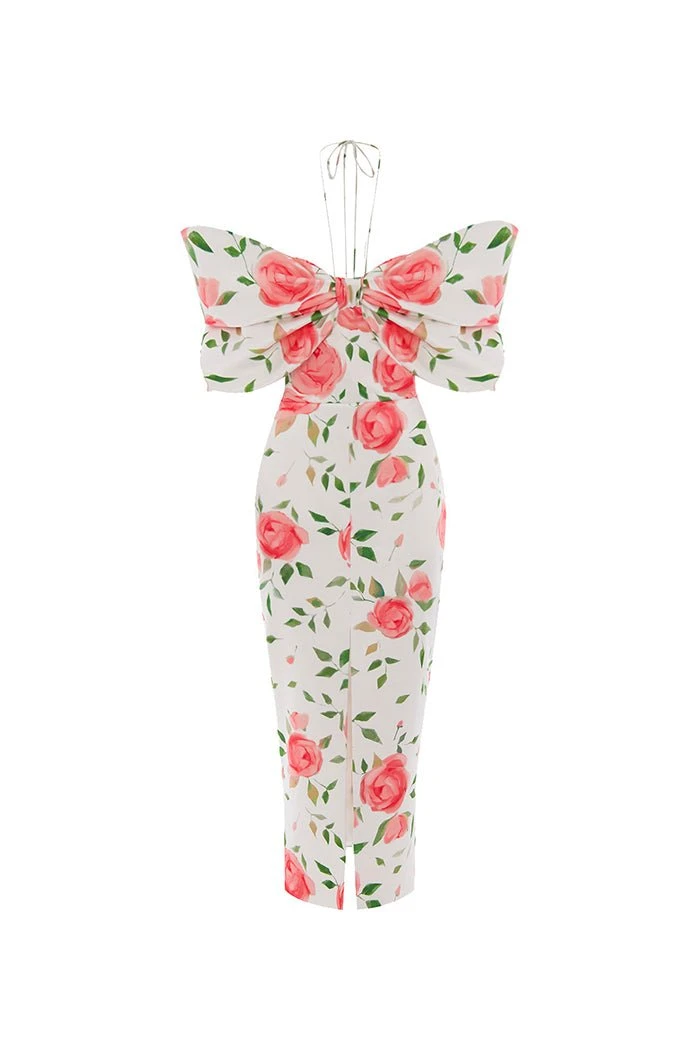 Rasario-Bow-Embellished-Midi-Printed-Satin-Dress Rasario Bow-Embellished Midi Printed Satin Dress