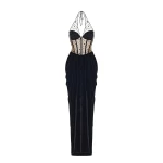 Rasario-Corset-Velvet-And-Polka-Dot-Mesh-Draped-Maxi-Dress Rasario Corset Velvet And Polka-Dot Mesh Draped Maxi Dress