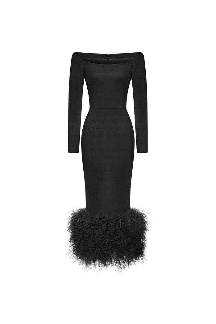 Rasario-Crepe-Long-Midi-Dress-With-Fringe-Black-4M010-–-Rasario Rasario Crepe Long Midi Dress With Fringe Black 4M010 – Rasario