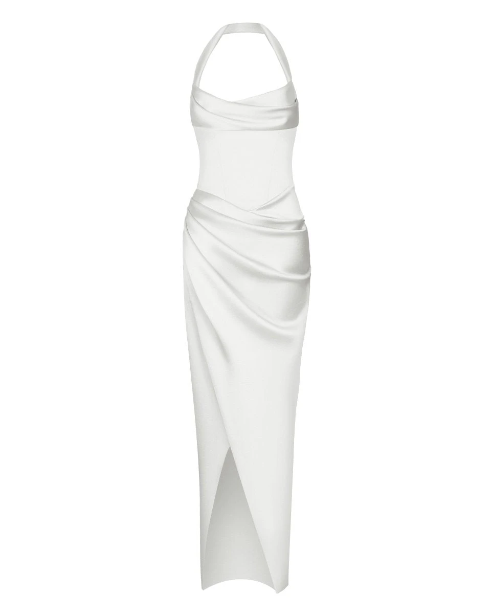 Rasario-Draped-Satin-Gown-With-Straps Rasario Draped Satin Gown With Straps