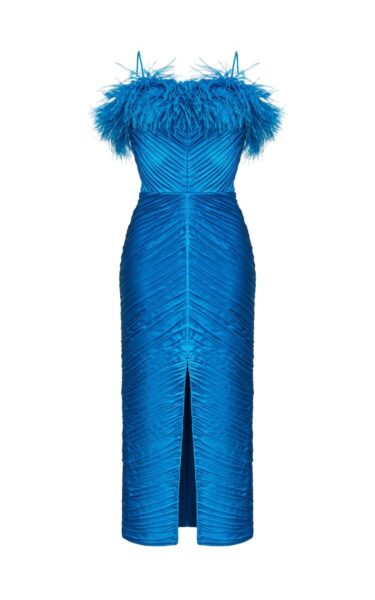 Rasario Draped Satin Midi Dress With Fringes