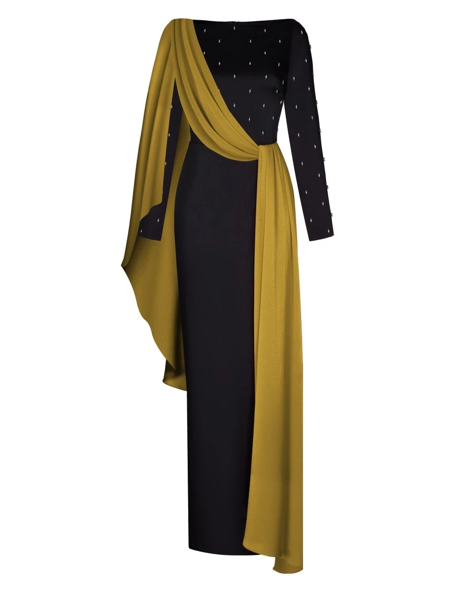 Rasario-Embroidered-Satin-Maxi-Dress-With-Voluminous-Drapery Rasario Embroidered Satin Maxi Dress With Voluminous Drapery
