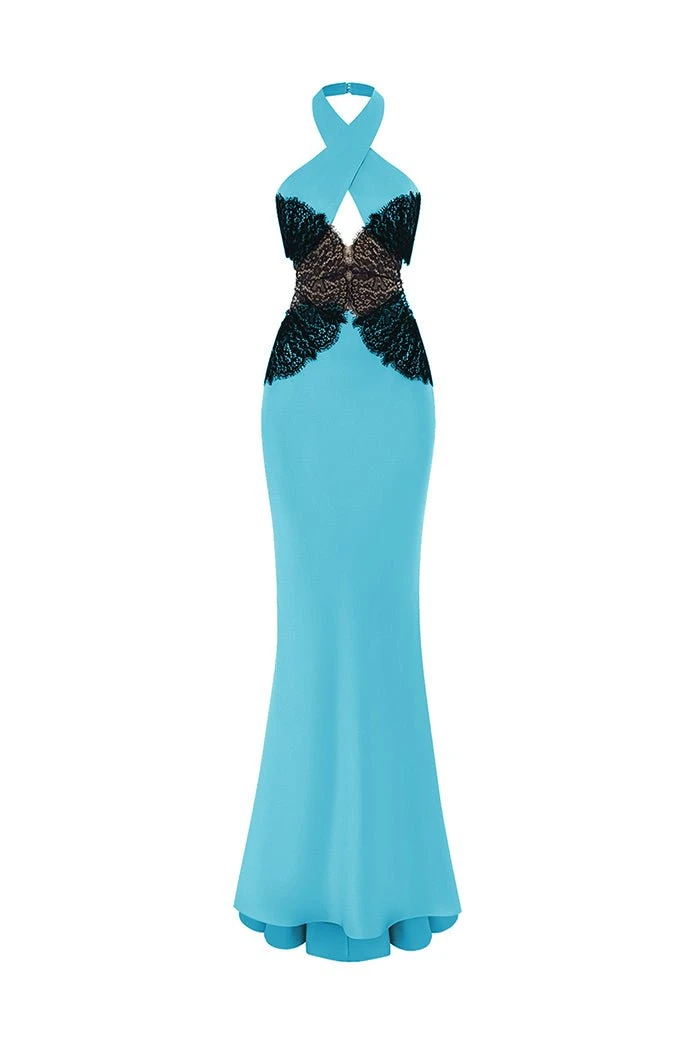 Rasario-Halterneck-Satin-And-Lace-Maxi-Dress-With-Cutouts Rasario Halterneck Satin And Lace Maxi Dress With Cutouts