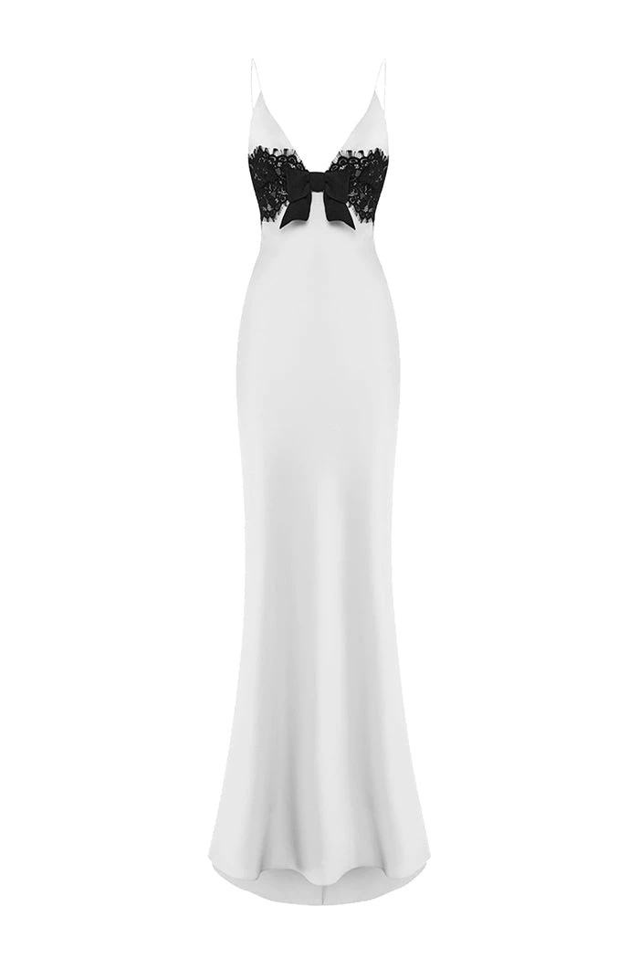 Rasario-Satin-And-Lace-Maxi-Dress-With-A-Bow Rasario Satin And Lace Maxi Dress With A Bow