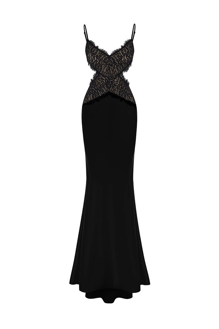 Rasario-Satin-And-Lace-Maxi-Dress-With-Cutouts Rasario Satin And Lace Maxi Dress With Cutouts