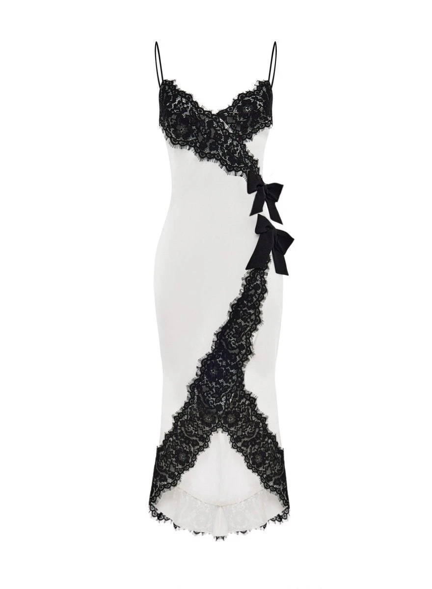 Rasario-Satin-And-Lace-Midi-Dress-With-Bows Rasario Satin And Lace Midi Dress With Bows