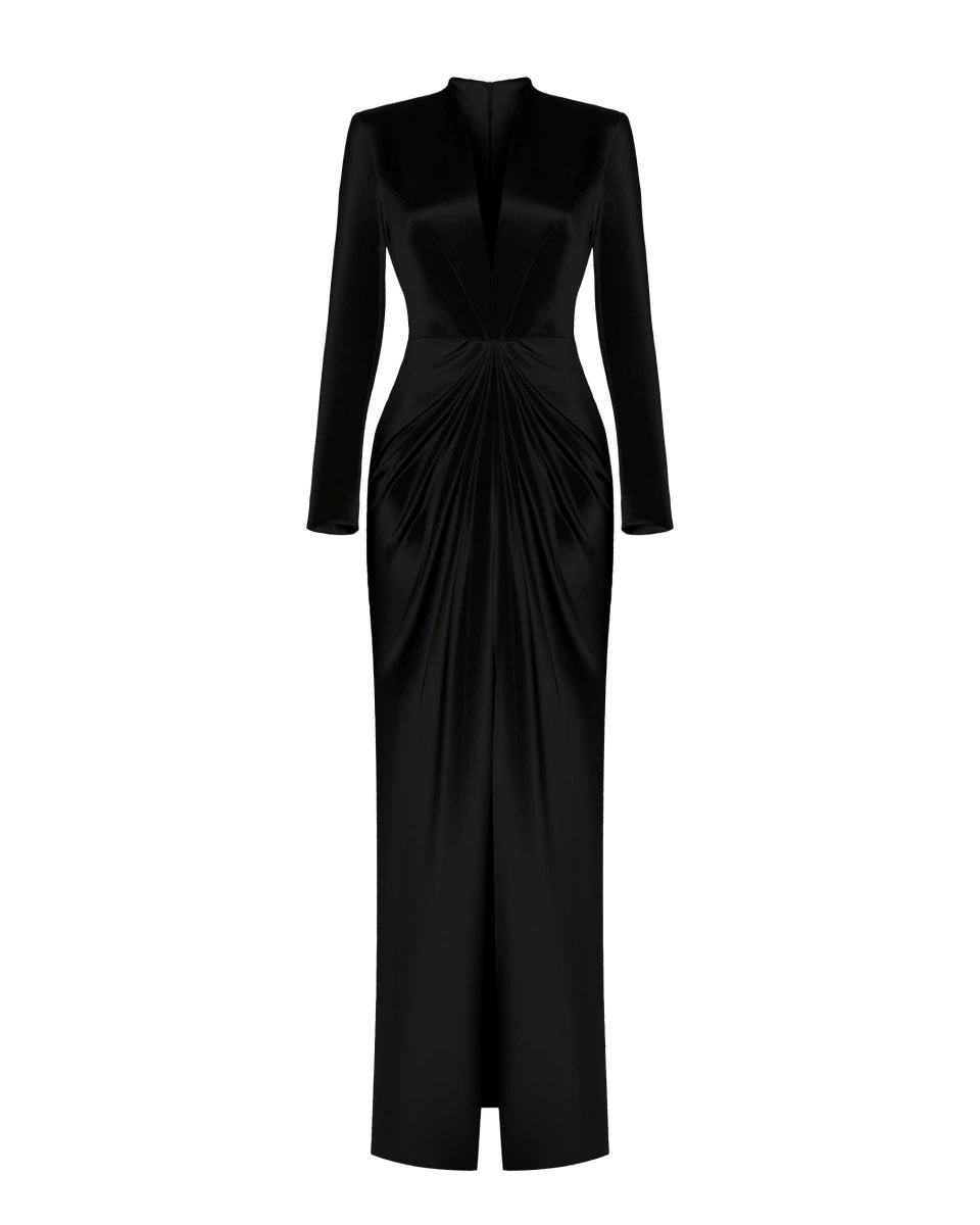 Rasario-Satin-Gown-With-Draped-Skirt Rasario Satin Gown With Draped Skirt