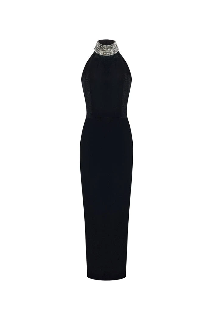 Rasario-Velvet-Maxi-Dress-With-A-Crystal-Embellished-Neck Rasario Velvet Maxi Dress With A Crystal Embellished Neck