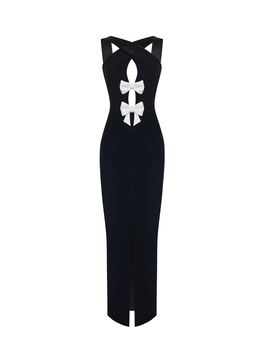 Rasario-Velvet-Maxi-Dress-With-Bows-And-Cutouts Rasario Velvet Maxi Dress With Bows And Cutouts