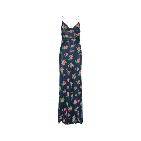 Chiffon Maxi Slip Dress Navy Flower Print