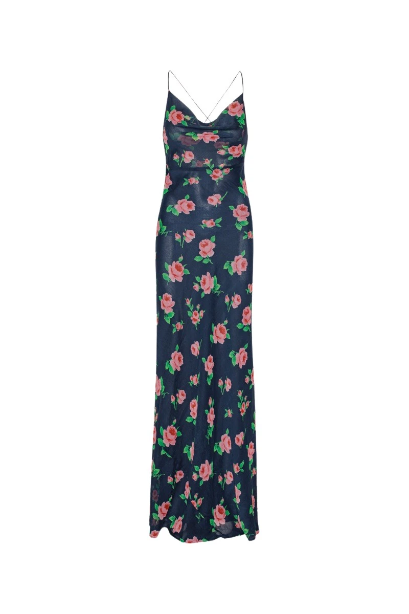 Rotate-Birger-Christensen-Chiffon-Maxi-Slip-Dress-Navy-Flower-Print22694_nobg Chiffon Maxi Slip Dress Navy Flower Print - Image 1