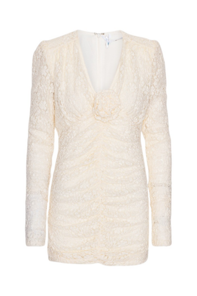 Lace Mini V-Neck Dress Egret