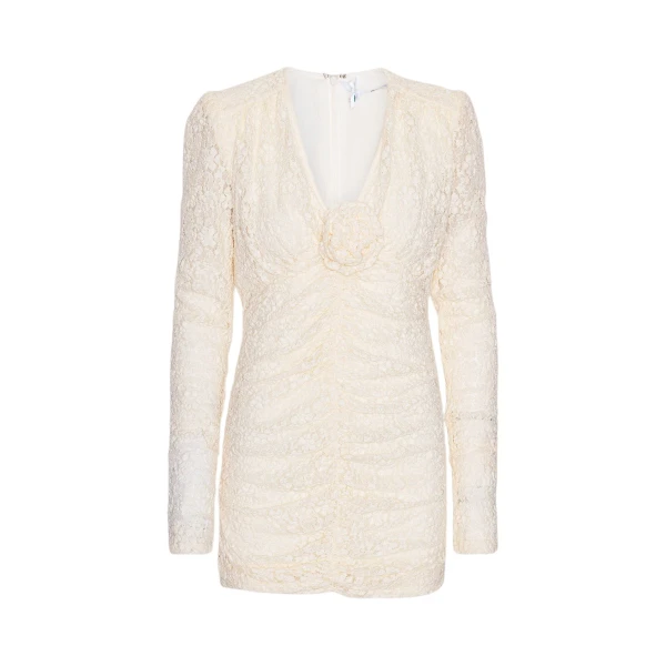 Lace Mini V-Neck Dress Egret