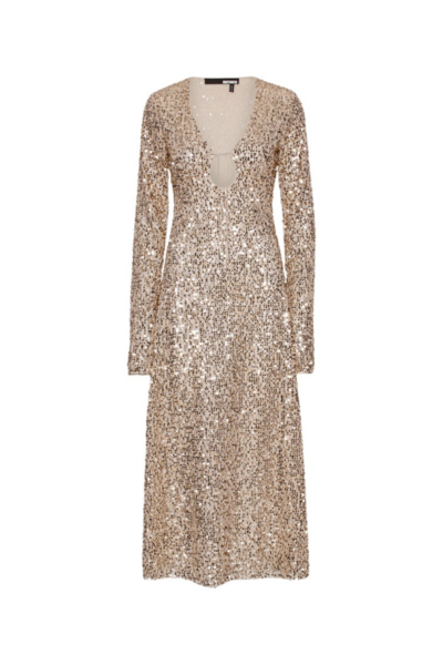 Net Sequins Midi Ls Dress Beige