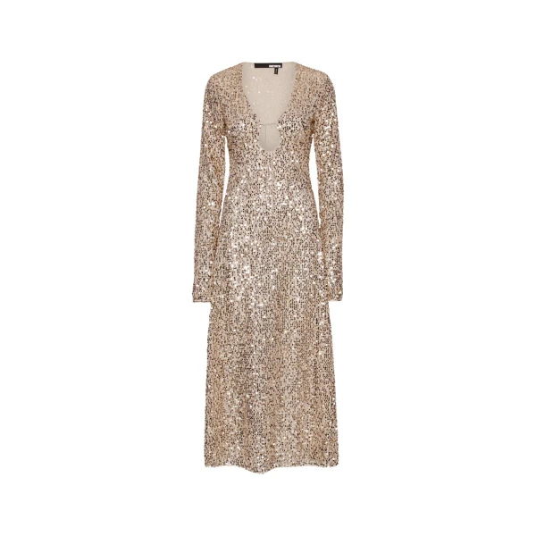 Net Sequins Midi Ls Dress Beige