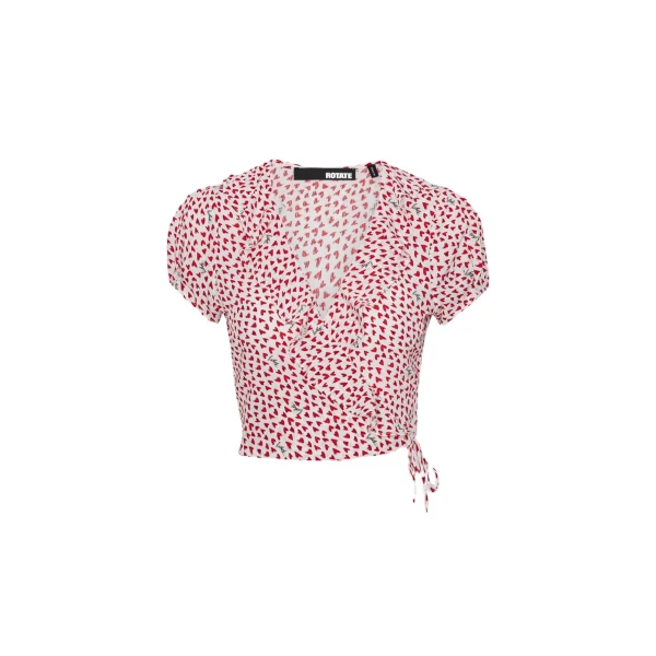 Printed Frill Wrap Top Red