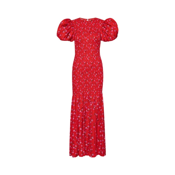 Printed Puff Sleeve Dress Red