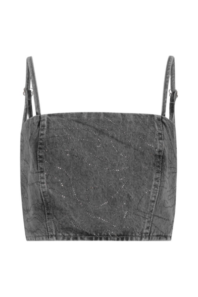 Rhinestone Denim Top Grey