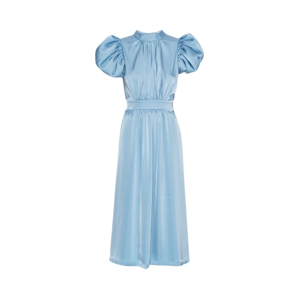 Satin Puff Midi Dress Blue