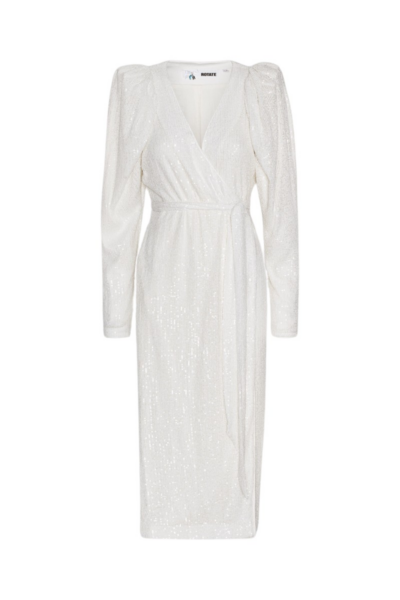 Sequin Midi Wrap Dress Egret