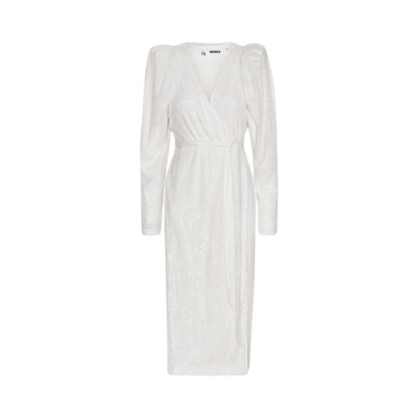 Sequin Midi Wrap Dress Egret