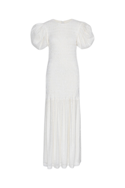 Sequin Smock Puffy Dress Egret