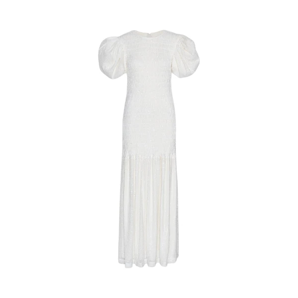 Sequin Smock Puffy Dress Egret